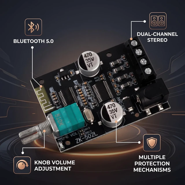 Alt view image 6 of 7 - ZK502L Bluetooth Power Amplifier Board 5.0 Stereo Audio Receiver Channels Digital Audio Amplifier Module for DIY Speakers 5-24V