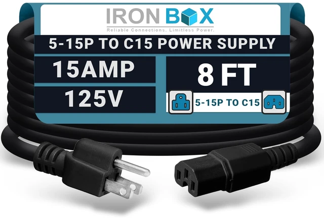 Main image of IronBox Electric - Heavy-Duty 5-15P to C15 Power Supply Cable - 15A 125V, 14/3 SJT Cord - Male End 5-15 Plug/Female End C15 Connector - UL Listed PC Power Cord - (Black,8 Foot)