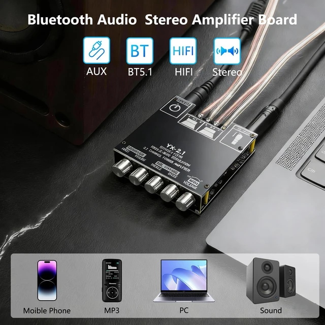 Alt view image 3 of 7 - 2.1 Bluetooth Amplifier Board, 50W*2+100W BT 5.0 AMP Board for DIY Speakers HiFi Subwoofer Audio AMPs with Treble and Bass, TPA3116D2, BT and AUX Inputs, 2.1 Channel Stereo AMP Module for DIY