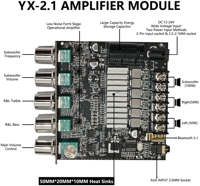 Alt view image 2 of 7 - 2.1 Bluetooth Amplifier Board, 50W*2+100W BT 5.0 AMP Board for DIY Speakers HiFi Subwoofer Audio AMPs with Treble and Bass, TPA3116D2, BT and AUX Inputs, 2.1 Channel Stereo AMP Module for DIY