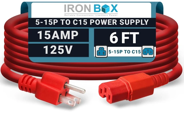 Main image of IronBox Electric - Heavy-Duty 5-15P to C15 Power Supply Cable - 15A 125V, 14/3 SJT Supply Cord - Male End 5-15 Plug/Female End C15 Connector - UL Listed PC Power Cord - (Red, 6 Foot)