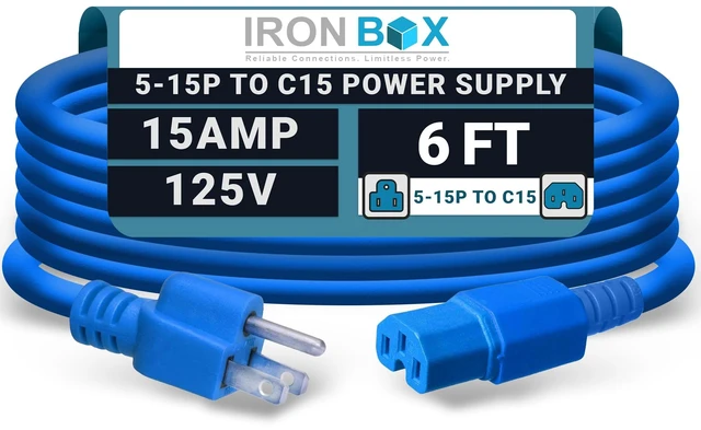 Main image of IronBox Electric - Heavy-Duty 5-15P to C15 Power Supply Cable - 15A 125V, 14/3 SJT Cord - Male End 5-15 Plug/Female End C15 Connector - UL Listed PC Power Cord - (Blue, 6 Foot)