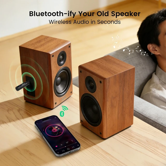 Alt view image 3 of 7 - Bluetooth 5.4 Aux Car Adapter, 3.5mm Wireless Receiver, 1 Pack 6 Hours Play Time, Hands-Free Calling, Sturdy Metal Case, CVC 8.0 Noise Reduction, Dual Links, HiFi Music for Home Speakers
