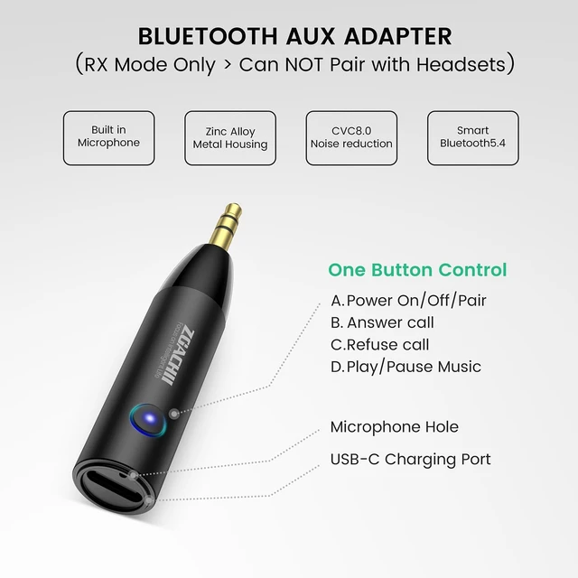 Alt view image 4 of 7 - Bluetooth 5.4 Aux Car Adapter, 3.5mm Wireless Receiver, 1 Pack 6 Hours Play Time, Hands-Free Calling, Sturdy Metal Case, CVC 8.0 Noise Reduction, Dual Links, HiFi Music for Home Speakers