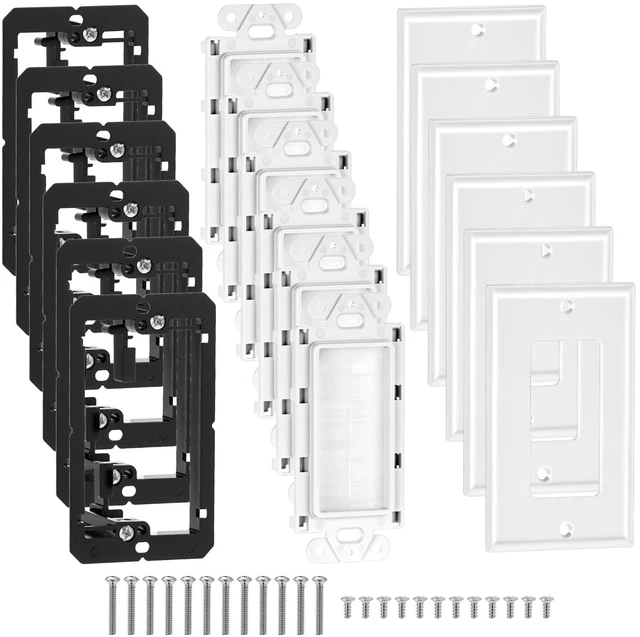 Main image of Brush Wall Plate with Low Voltage Mounting Bracket, 6-Pack Single Gang Cable Pass Through Insert, ABS Wall Plate for HDTV, TV Wall Mount, Home Theater, Office (White)