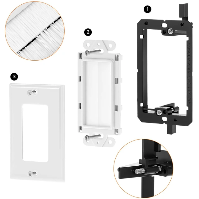 Alt view image 3 of 7 - Brush Wall Plate with Low Voltage Mounting Bracket, 6-Pack Single Gang Cable Pass Through Insert, ABS Wall Plate for HDTV, TV Wall Mount, Home Theater, Office (White)