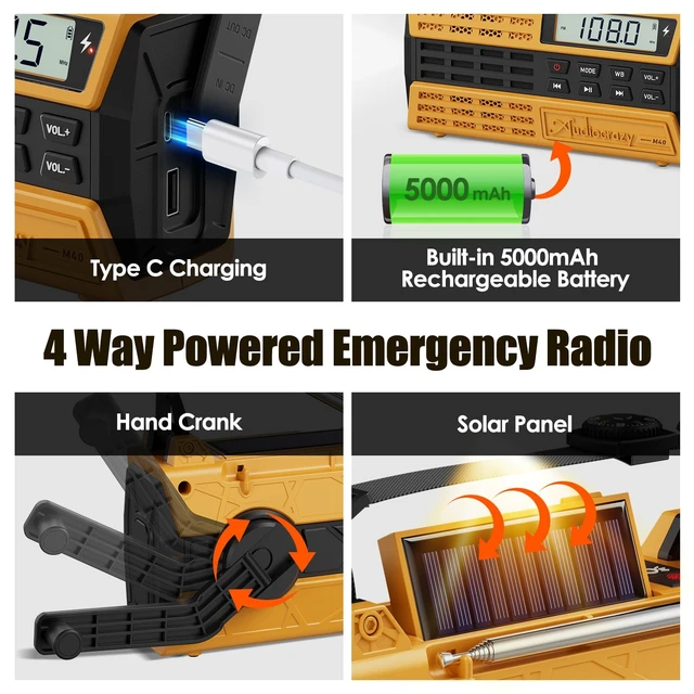 Alt view image 4 of 7 - Emergency Radio, 5000mAh Solar Hand Crank Weather Radio with NOAA/AM/FM/Bluetooth, Crank Radio with Flashlight&SOS for Outdoor/Home Yellow