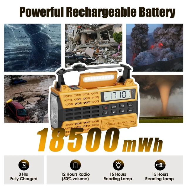 Alt view image 3 of 7 - Emergency Radio, 5000mAh Solar Hand Crank Weather Radio with NOAA/AM/FM/Bluetooth, Crank Radio with Flashlight&SOS for Outdoor/Home Yellow