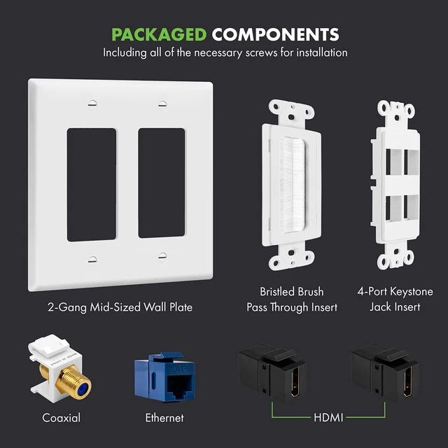 Alt view image 2 of 7 - Double Gang Datacomm Bundle with Multimedia Pass-Through Insert, 4-Port Keystone Jack Insert, Coaxial, Ethernet, HDMI Keystones, and 2-Gang Decorator Wall Plate, TG889174MCFH2-W, White