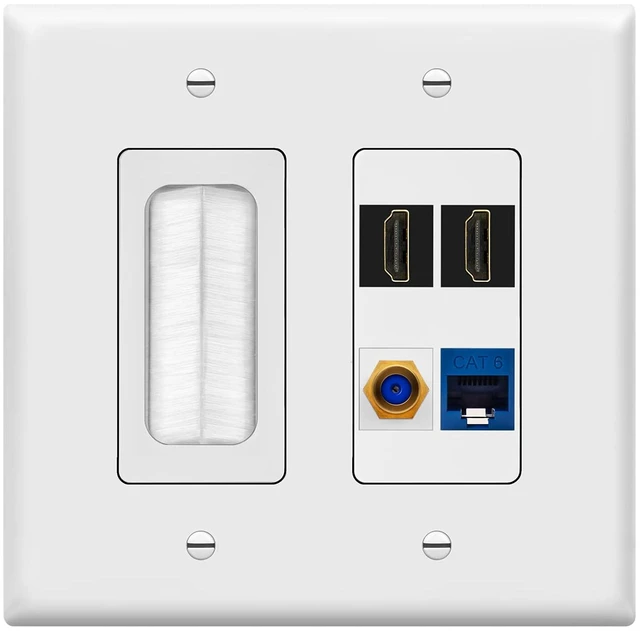 Main image of Double Gang Datacomm Bundle with Multimedia Pass-Through Insert, 4-Port Keystone Jack Insert, Coaxial, Ethernet, HDMI Keystones, and 2-Gang Decorator Wall Plate, TG889174MCFH2-W, White
