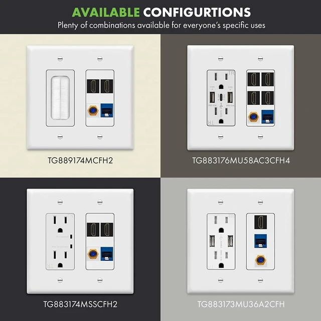 Alt view image 4 of 7 - Double Gang Datacomm Bundle with Multimedia Pass-Through Insert, 4-Port Keystone Jack Insert, Coaxial, Ethernet, HDMI Keystones, and 2-Gang Decorator Wall Plate, TG889174MCFH2-W, White