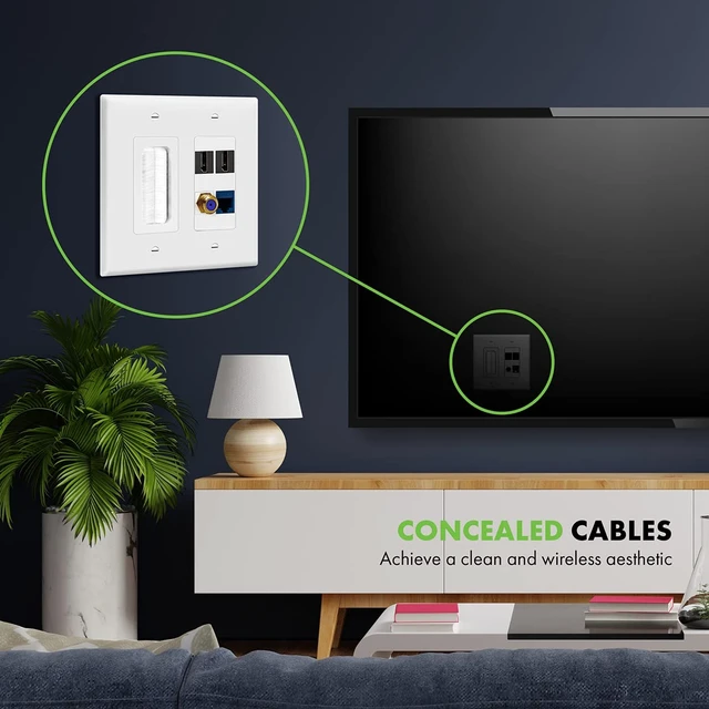 Alt view image 5 of 7 - Double Gang Datacomm Bundle with Multimedia Pass-Through Insert, 4-Port Keystone Jack Insert, Coaxial, Ethernet, HDMI Keystones, and 2-Gang Decorator Wall Plate, TG889174MCFH2-W, White
