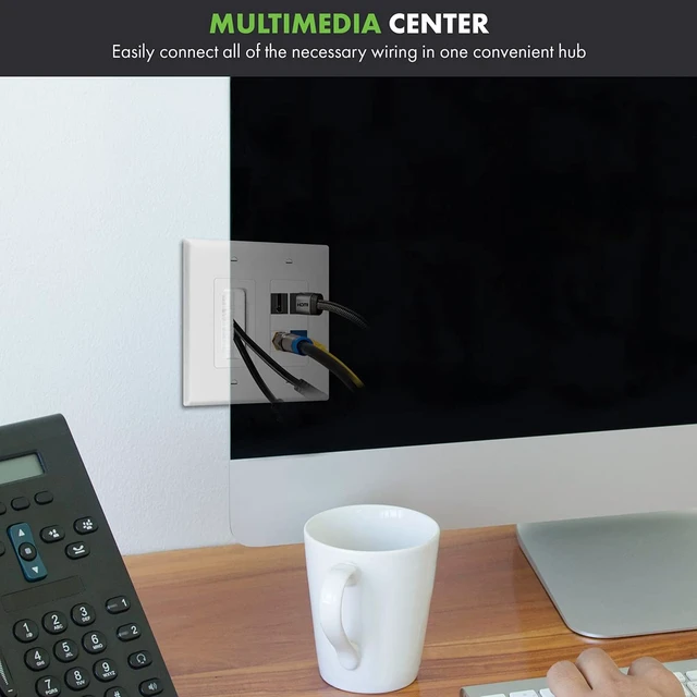 Alt view image 6 of 7 - Double Gang Datacomm Bundle with Multimedia Pass-Through Insert, 4-Port Keystone Jack Insert, Coaxial, Ethernet, HDMI Keystones, and 2-Gang Decorator Wall Plate, TG889174MCFH2-W, White