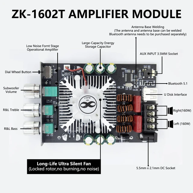 Alt view image 2 of 7 - Bluetooth 5.0 Audio Stereo Amplifier Board,160 * 2W HiFi 2.1 Channel Mini Amp Module with Treble & Bass Control with AUX and USB Input,DC 15-36 V for DIY Home Speakers