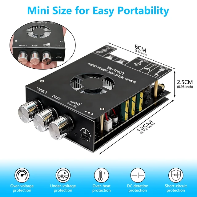 Alt view image 3 of 7 - Bluetooth 5.0 Audio Stereo Amplifier Board,160 * 2W HiFi 2.1 Channel Mini Amp Module with Treble & Bass Control with AUX and USB Input,DC 15-36 V for DIY Home Speakers