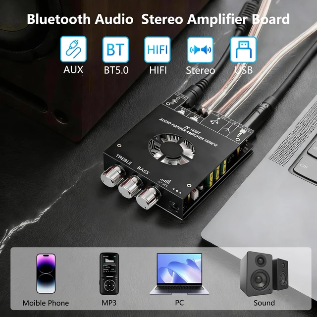 Alt view image 4 of 7 - Bluetooth 5.0 Audio Stereo Amplifier Board,160 * 2W HiFi 2.1 Channel Mini Amp Module with Treble & Bass Control with AUX and USB Input,DC 15-36 V for DIY Home Speakers