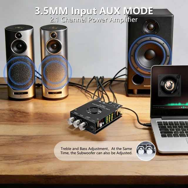 Alt view image 6 of 7 - Bluetooth 5.0 Audio Stereo Amplifier Board,160 * 2W HiFi 2.1 Channel Mini Amp Module with Treble & Bass Control with AUX and USB Input,DC 15-36 V for DIY Home Speakers