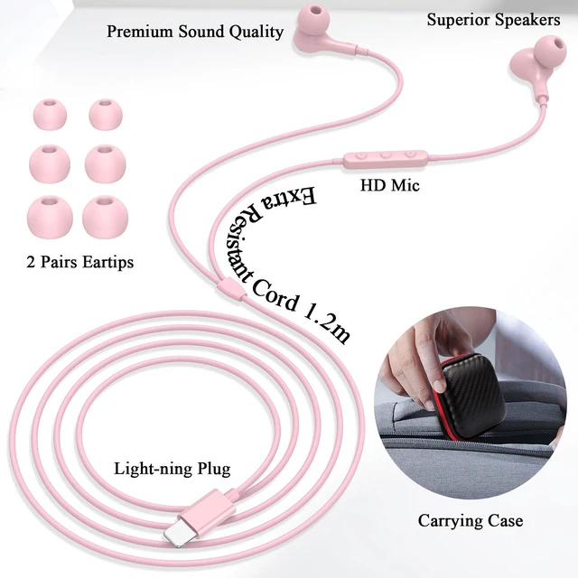 Alt view image 7 of 7 - MFi-Certified Lighting Earbuds for iPhone 14 13 12 11 Pro Max Pink Magnetic Ear Buds Earphones Built-in Mic Volume Control Wired Headphones for iPhone 14 Plus 13 Pro 11 Pro Max XS XR 8 7 Plus