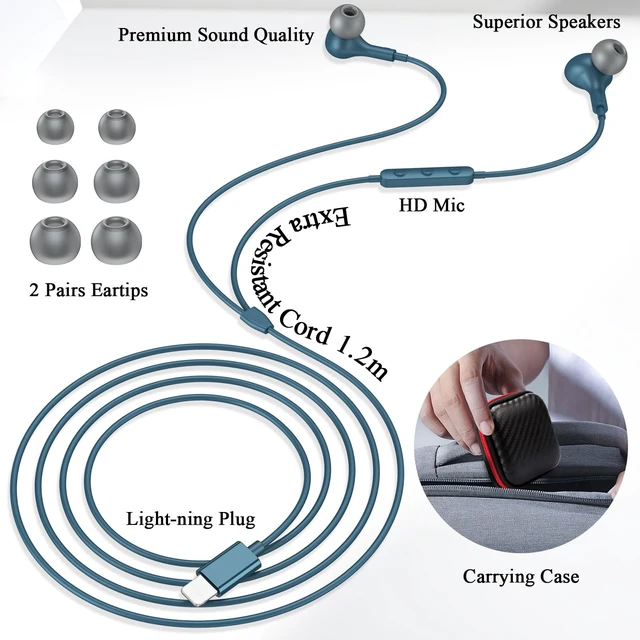 Alt view image 7 of 7 - MFi-Certified Lighting Earbuds for iPhone 14 13 12 Pro Max Lakeblue Magnetic Ear Buds Earphones Built-in Mic Volume Control Wired Headphones for iPhone 14 Plus 13 Pro 11 Pro Max XS XR 8 7 Plus