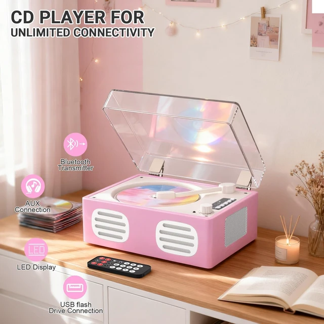 Alt view image 2 of 7 - Portable CD Player with Speaker, Retro CD Player with Bluetooth Input and Output, CD Players for Home with Led Display, Headphone Jack, USB & AUX Playback, Built-in HiFi Stereo, Pink