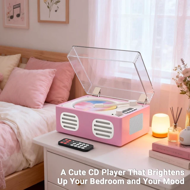 Alt view image 5 of 7 - Portable CD Player with Speaker, Retro CD Player with Bluetooth Input and Output, CD Players for Home with Led Display, Headphone Jack, USB & AUX Playback, Built-in HiFi Stereo, Pink