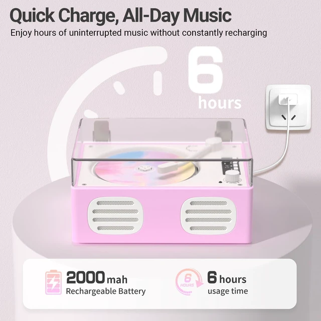 Alt view image 6 of 7 - Portable CD Player with Speaker, Retro CD Player with Bluetooth Input and Output, CD Players for Home with Led Display, Headphone Jack, USB & AUX Playback, Built-in HiFi Stereo, Pink