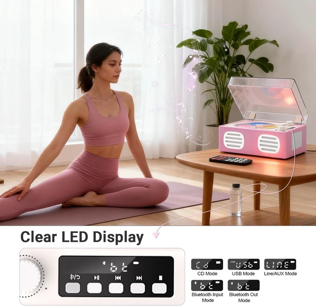 Alt view image 7 of 7 - Portable CD Player with Speaker, Retro CD Player with Bluetooth Input and Output, CD Players for Home with Led Display, Headphone Jack, USB & AUX Playback, Built-in HiFi Stereo, Pink