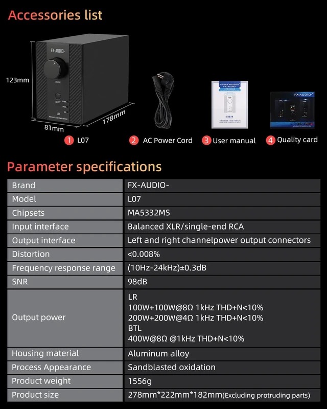 Alt view image 4 of 7 - FX-Audio- L07 Stereo Audio Amplifier 200W x2 MA5332MS 2 Channel Class D Power Amp Bridgeable BTL 400W Hi-Fi Fully Balanced Amp for Passive Bookshelf Desktop Speakers Home Theater