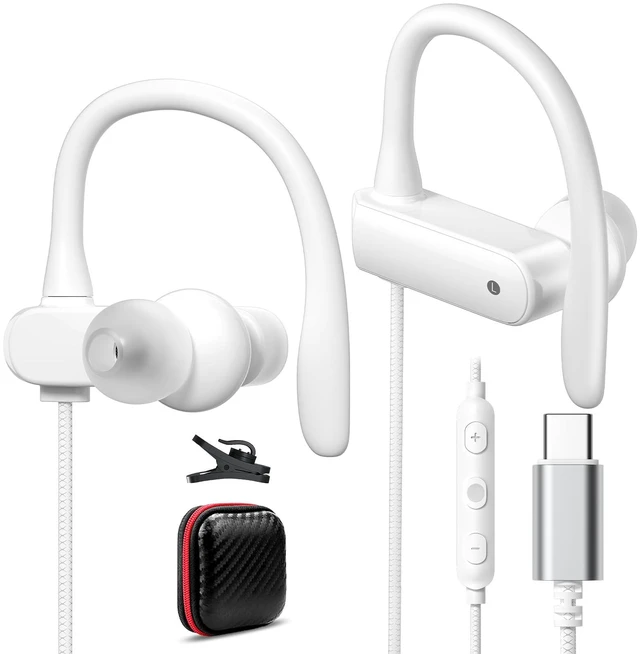 Main image of USB C Headphones Earbuds with Earhook Mic & Volume Control White Type C Workout Ear Buds Wired HiFi Stereo in-Ear Sports Earphone for iPhone 18 Pro 17 16 15/Samsung S26 S25/Pixel 10 9 Travel