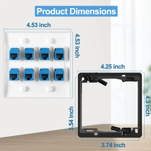 Alt view image 2 of 6 - 8 Port Ethernet Wall Outlet Plate Cat6 Jack RJ45 Keystone Network Cables Inline Coupler Wires Connector Date Box Cover with 2Gang Low Voltage Mount