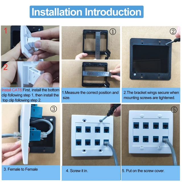 Alt view image 4 of 6 - 8 Port Ethernet Wall Outlet Plate Cat6 Jack RJ45 Keystone Network Cables Inline Coupler Wires Connector Date Box Cover with 2Gang Low Voltage Mount
