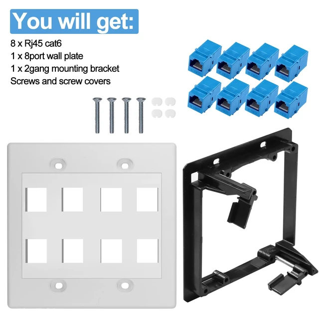 Alt view image 5 of 6 - 8 Port Ethernet Wall Outlet Plate Cat6 Jack RJ45 Keystone Network Cables Inline Coupler Wires Connector Date Box Cover with 2Gang Low Voltage Mount