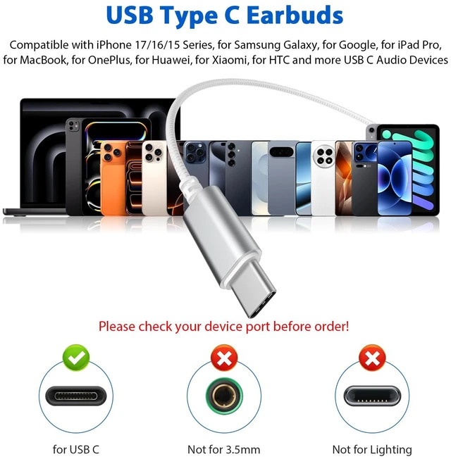 Alt view image 7 of 7 - USB C Headphones Earbuds with Earhook Mic & Volume Control White Type C Workout Ear Buds Wired HiFi Stereo in-Ear Sports Earphone for iPhone 18 Pro 17 16 15/Samsung S26 S25/Pixel 10 9 Travel