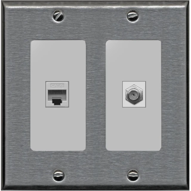 Main image of 1 Port Coax Cable TV- F-Type 1 Port Cat6 Ethernet Dual Gang Wall Plate - Stainless Steel/Gray