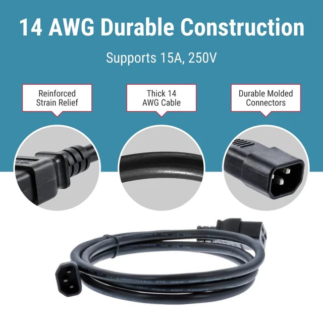 Alt view image 5 of 7 - AC Power Cord C14 to C19, 6ft, 14 AWG, 15A/250V, Black IEC 60320 Server Power Cable for PDU, UPS, Network and Data Center Equipment with C14 Male to C19 Female Connectors