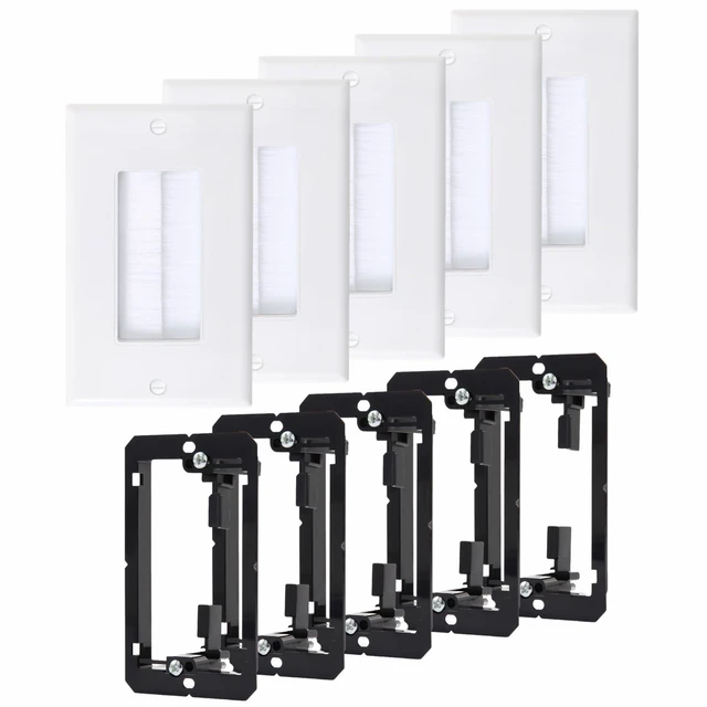 Main image of 5 Pack White Brush Wall Plate with Low Voltage Mounting Bracket Hide Cable Behind in Wall, Pass Through Low Voltage Wall Plate for TV/HDMI/Coax/Speaker/Ethernet Wire, Standard Size 4.5*2.75