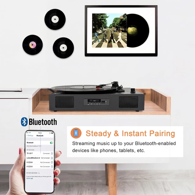 Alt view image 6 of 7 - Record Player Bluetooth Turntable with Built-in Speaker, USB Recording Audio Music Vintage Portable Turntable for Vinyl Records 3 Speed, LP Phonograph Record Player, Black
