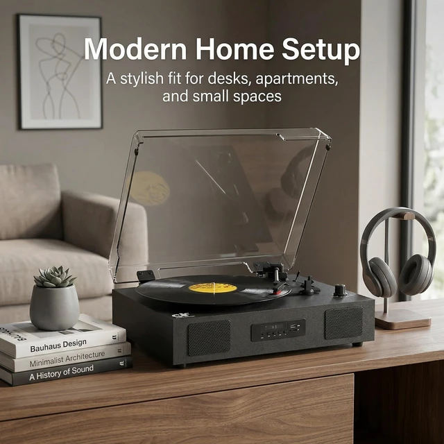 Alt view image 4 of 7 - Record Player Bluetooth Turntable with Built-in Speaker, USB Recording Audio Music Vintage Portable Turntable for Vinyl Records 3 Speed, LP Phonograph Record Player, Black