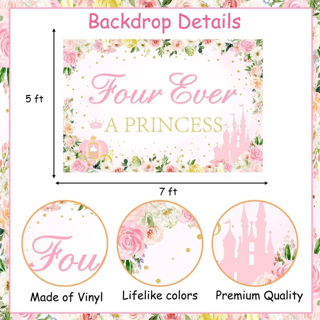 Alt view image 6 of 6 - Four Ever a Princess Birthday Decorations Backdrop, Princess 4th Birthday Party Decorations Backdrop Banner for 4 Year Old Girl Birthday 5 x 7ft