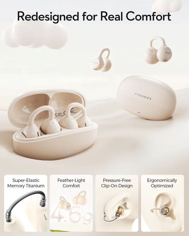 Alt view image 3 of 7 - Clip-On Open Ear Earbuds, 4.6g ENC Bluetooth 6.0 Wireless Headphones 12mm Drivers for Powerful Bass, Directional Audio, 30H Playtime, FlexiClip Secure Fit, APP, for Running Workout Music & Calls