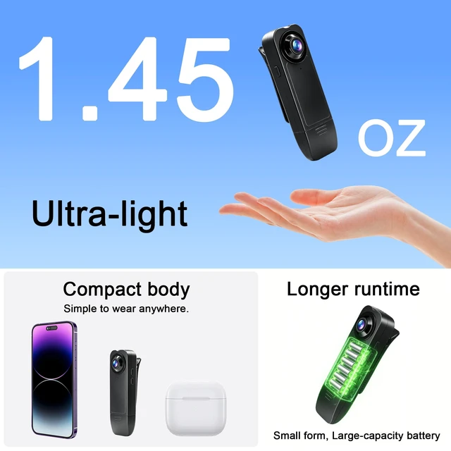 Alt view image 3 of 7 - Mini Body Camera 1080P with Night Vision, Wearable Clip On POV Camera 64GB Audio and Video Recording, 25ft Night Vision, 4-6H Battery, 150° WideAngle Lens for Work Records, Guard Duty, Traveling
