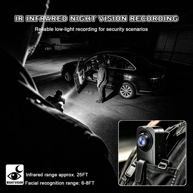 Alt view image 7 of 7 - Mini Body Camera 1080P with Night Vision, Wearable Clip On POV Camera 64GB Audio and Video Recording, 25ft Night Vision, 4-6H Battery, 150° WideAngle Lens for Work Records, Guard Duty, Traveling