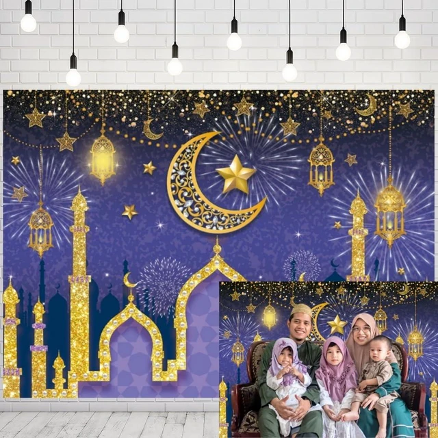 Main image of Purple Gold Eid Mubarak Ramadan Photography Backdrop 8x6FT Classic Ramadan Eid Design, Mosque & Crescent Muslim Holiday Party Photo Backdrop, Lightweight Vinyl, Easy Hang & Wipe Clean