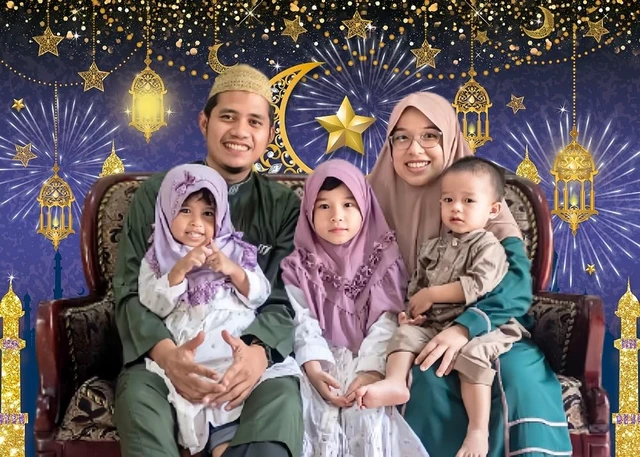 Alt view image 2 of 5 - Purple Gold Eid Mubarak Ramadan Photography Backdrop 8x6FT Classic Ramadan Eid Design, Mosque & Crescent Muslim Holiday Party Photo Backdrop, Lightweight Vinyl, Easy Hang & Wipe Clean
