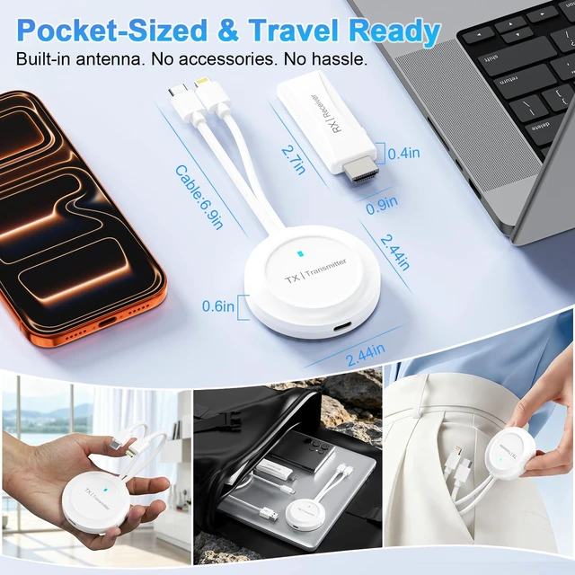 Alt view image 7 of 7 - Wireless HDMI Transmitter Receiver 4K 1080P No Wi-Fi HDMI TV Dual USB-C & Lightning, No App No Wi-Fi 100W PD 65ft Range for iPhone iPad MacBook HDMI TV Meeting Classroom Home Travel