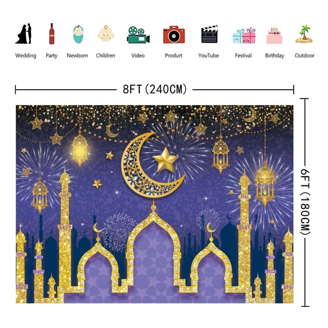 Alt view image 4 of 5 - Purple Gold Eid Mubarak Ramadan Photography Backdrop 8x6FT Classic Ramadan Eid Design, Mosque & Crescent Muslim Holiday Party Photo Backdrop, Lightweight Vinyl, Easy Hang & Wipe Clean