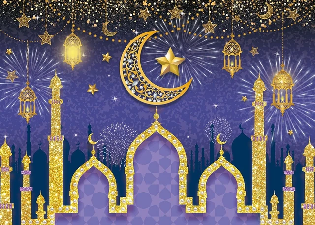 Alt view image 5 of 5 - Purple Gold Eid Mubarak Ramadan Photography Backdrop 8x6FT Classic Ramadan Eid Design, Mosque & Crescent Muslim Holiday Party Photo Backdrop, Lightweight Vinyl, Easy Hang & Wipe Clean