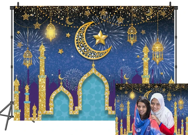 Main image of Blue Gold Eid Mubarak Ramadan Photography Backdrop 8x6FT Classic Ramadan Eid Design, Mosque & Crescent Muslim Holiday Party Photo Backdrop, Lightweight Vinyl, Easy Hang & Wipe Clean
