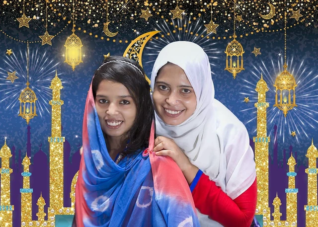 Alt view image 2 of 4 - Blue Gold Eid Mubarak Ramadan Photography Backdrop 8x6FT Classic Ramadan Eid Design, Mosque & Crescent Muslim Holiday Party Photo Backdrop, Lightweight Vinyl, Easy Hang & Wipe Clean