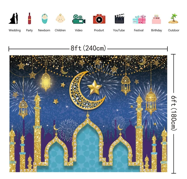 Alt view image 3 of 4 - Blue Gold Eid Mubarak Ramadan Photography Backdrop 8x6FT Classic Ramadan Eid Design, Mosque & Crescent Muslim Holiday Party Photo Backdrop, Lightweight Vinyl, Easy Hang & Wipe Clean